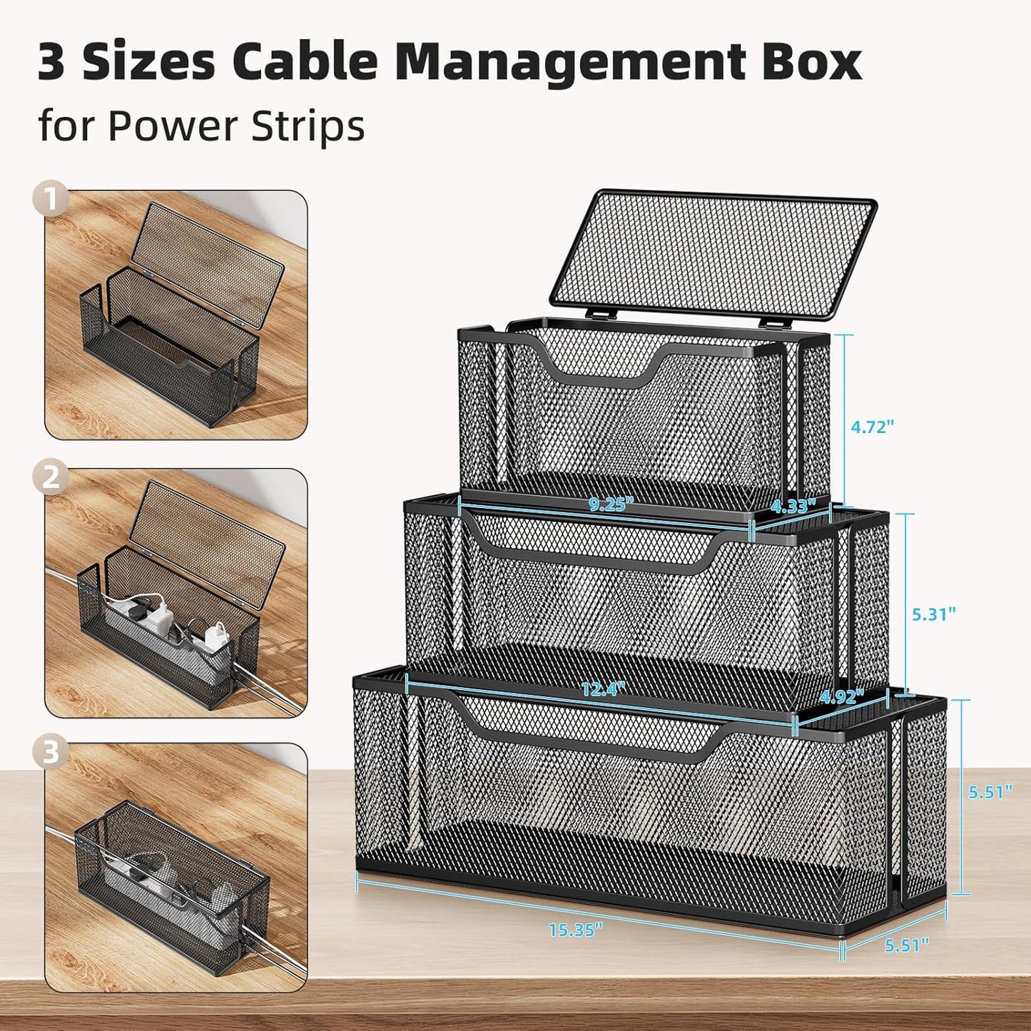 Marbrasse 3 Pack Cable Management Box, Metal Mesh Cord Organizer Box for TV Wires, Electrical Hiding, Power Strip – Under Desk Cable Storage Box with Cable Clips&Reusable Cable Ties for Home/Office