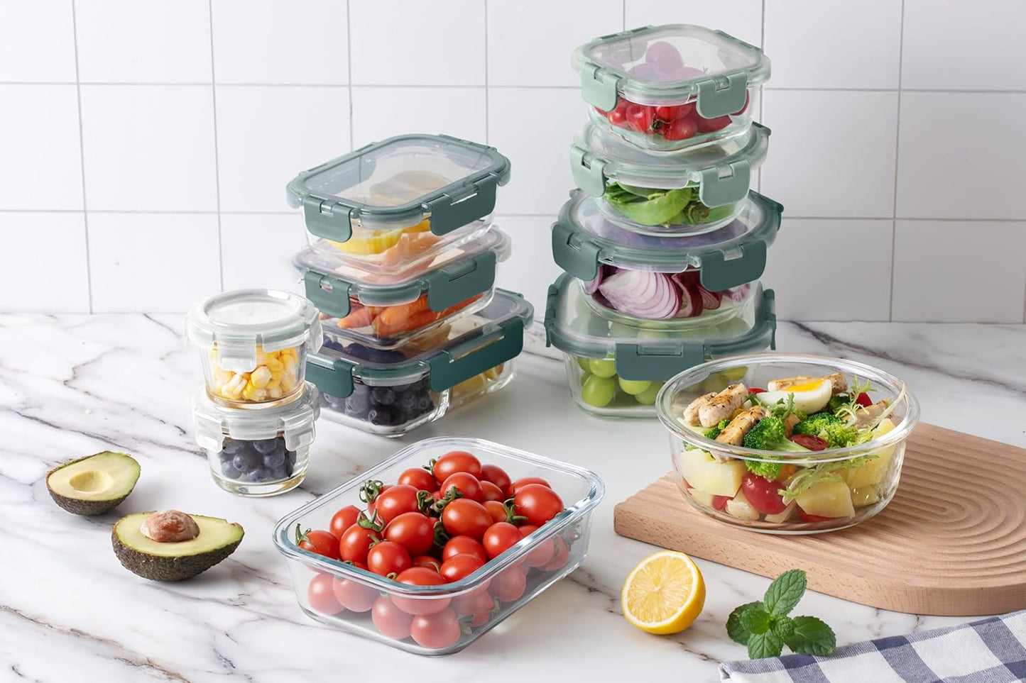 COOK WITH COLOR Premium 32-Pc. Borosilicate Glass Food Container Set with Dividers - 4 Rectangles, 8 Rounds, 4 Squares - Leakproof Lids - Meal Prep, Storage, Ombre Green