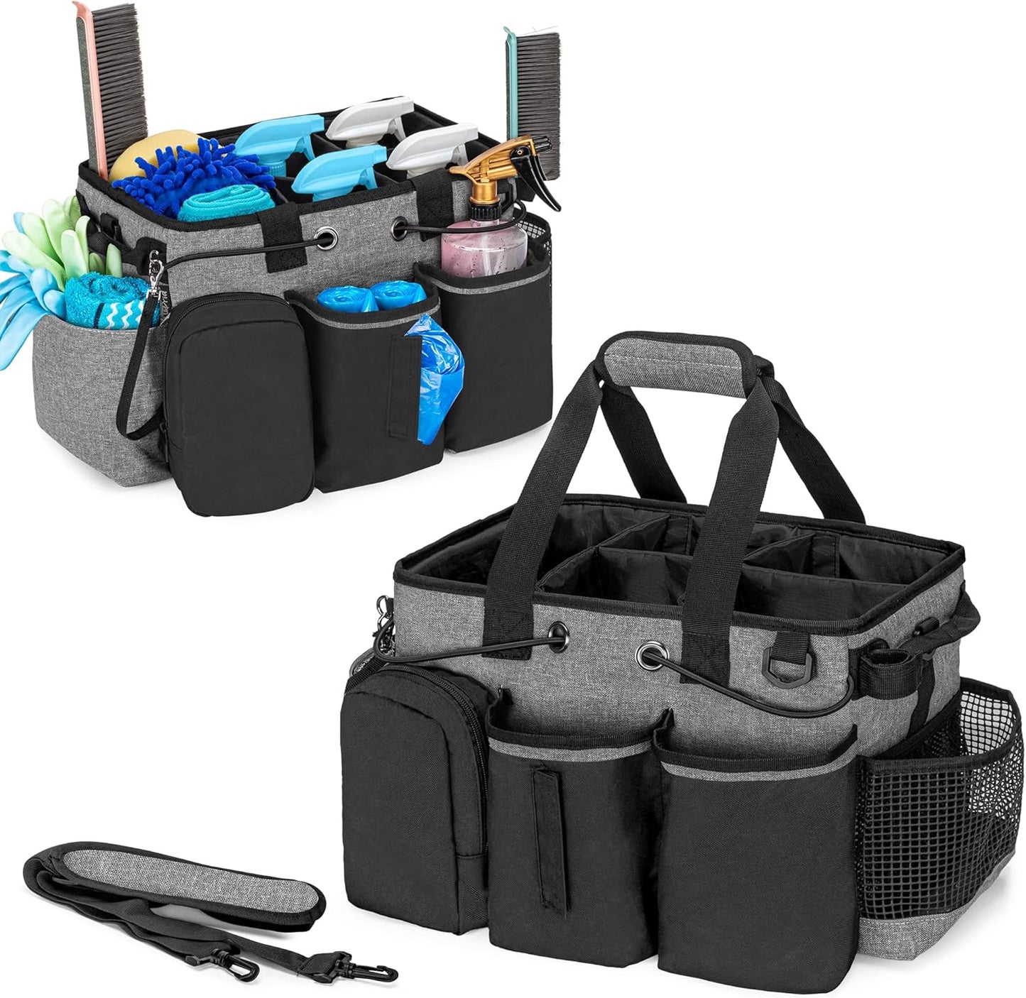 LoDrid Large Professional Cleaning Caddy with Detachable Divider, Supply Organizer with Handle and Shoulder Strap, Cleaning Bags for Housekeepers & Cleaners, Black