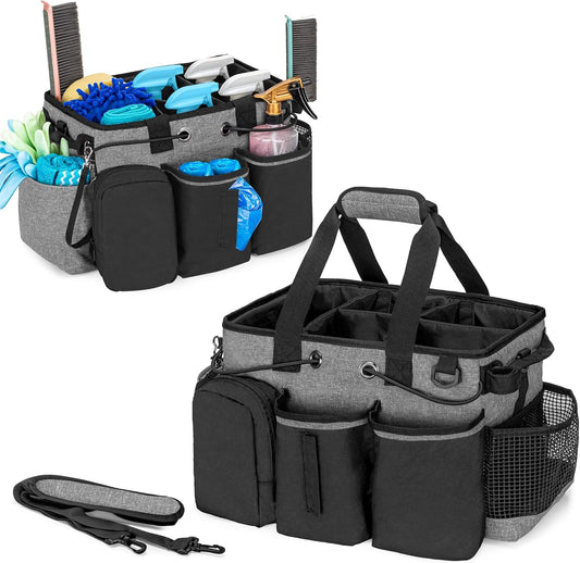 LoDrid Large Professional Cleaning Caddy with Detachable Divider, Supply Organizer with Handle and Shoulder Strap, Cleaning Bags for Housekeepers & Cleaners, Black