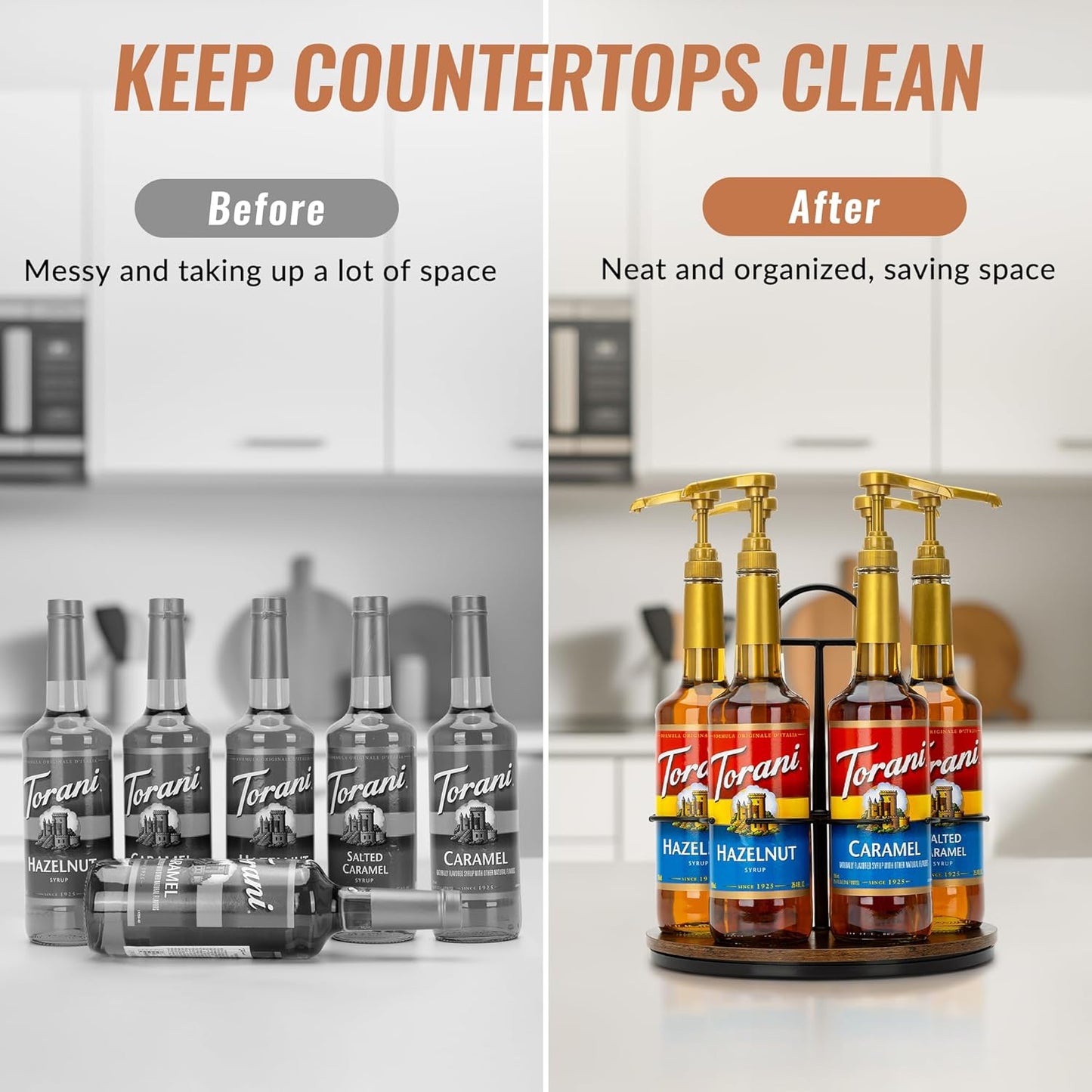 Rotating Coffee Syrup Organizer Hold 6 Bottles, Wood Coffee Syrup Rack for Countertop, Large Bottle Holder Stand for Bar Station, Turntable Wine Display Tray (Black - 6 Bottles)