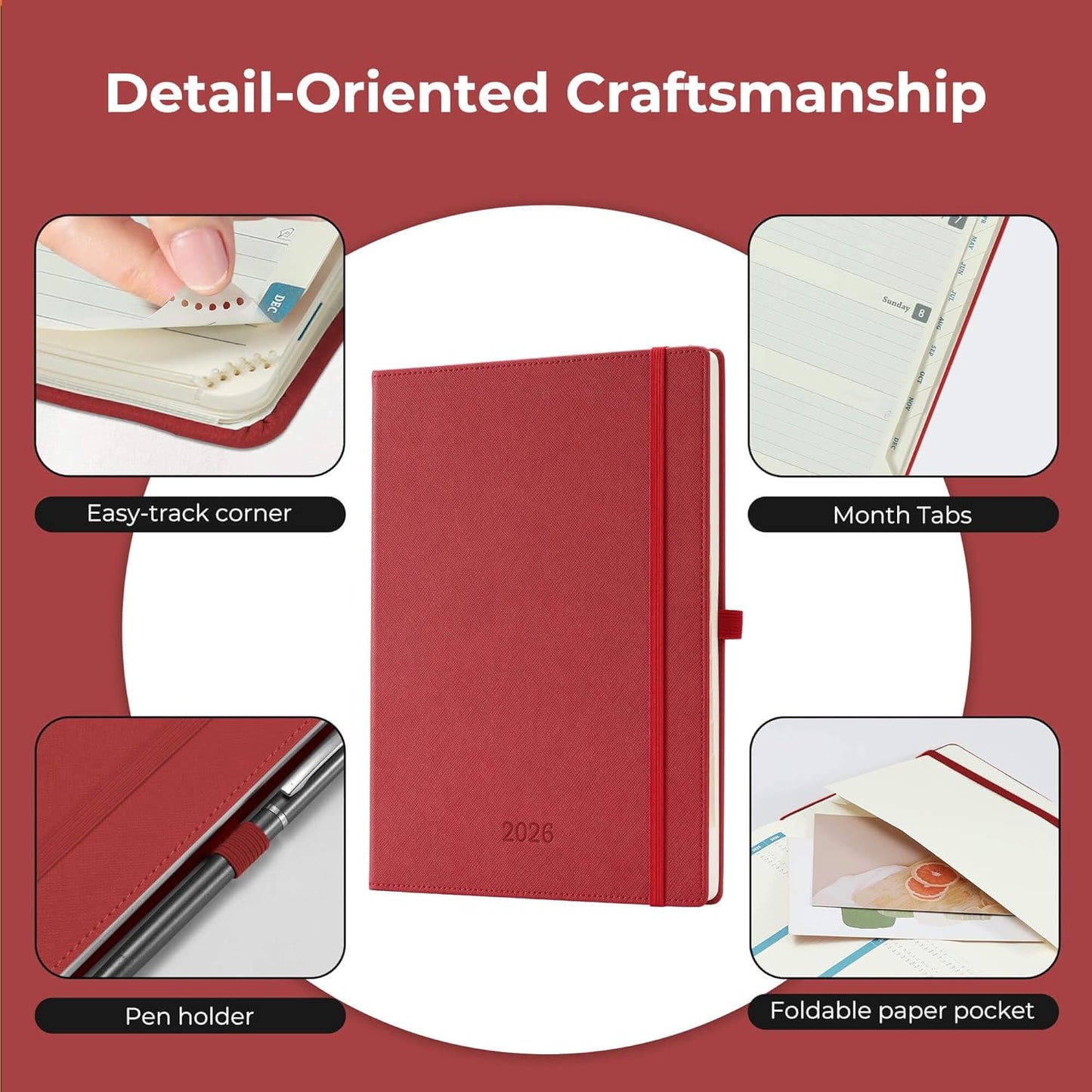 Weekly Monthly 2026 Planner (Jan.26-Dec.26),11.5"x8.5",12 Months Agenda Plan with Month Tabs & Pocket,Expenses/Note Pages, Appointment Book Calendar with Hardcover Vegan Leather Cover,Red