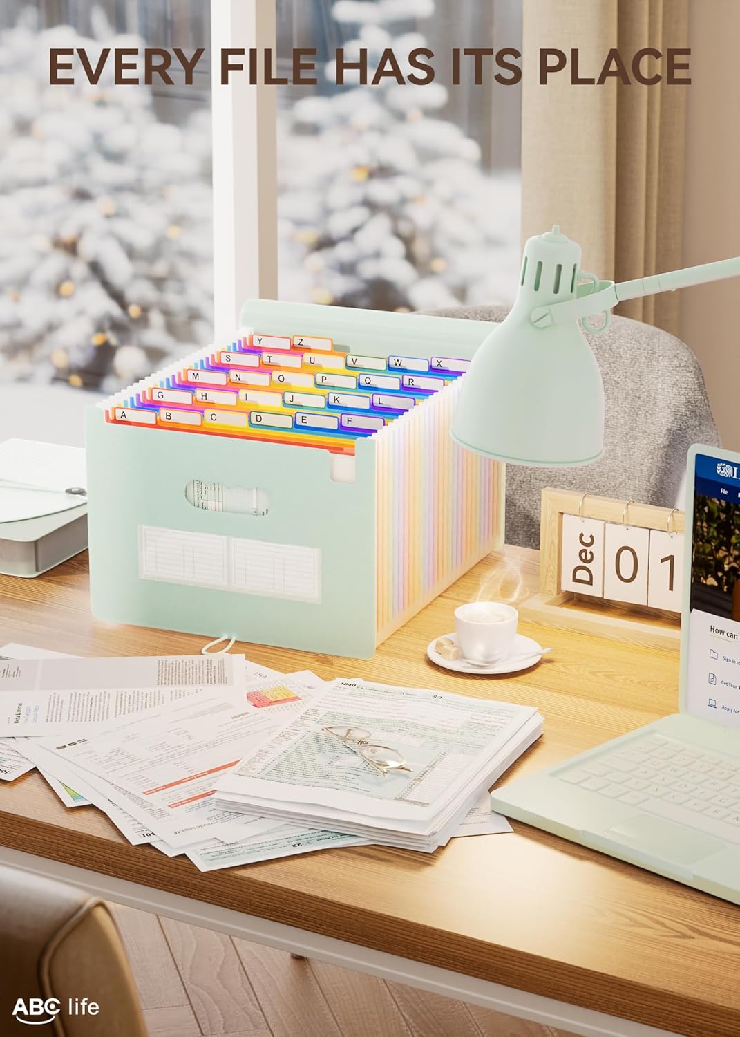 ABC life 26 Pockets Accordion File Organizer, Expanding File Folder, Portable Monthly Paper Bill Tax Receipt Organizer, Letter A4 Size Document Organizer with Blank Labels - Sage Green