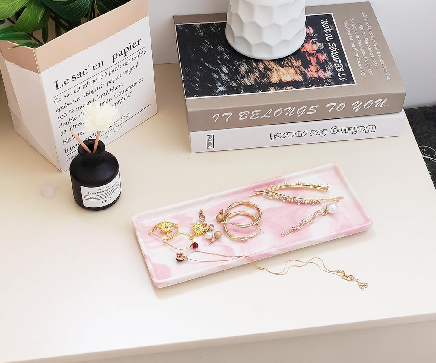 9.2" Porcelain Small Bathroom Tray, Ceramic Countertop and Vanity Tray for Cosmetics, Perfume, Jewelry, Candle - Kitchen Soap Tray for Kitchen Counter (Pink)