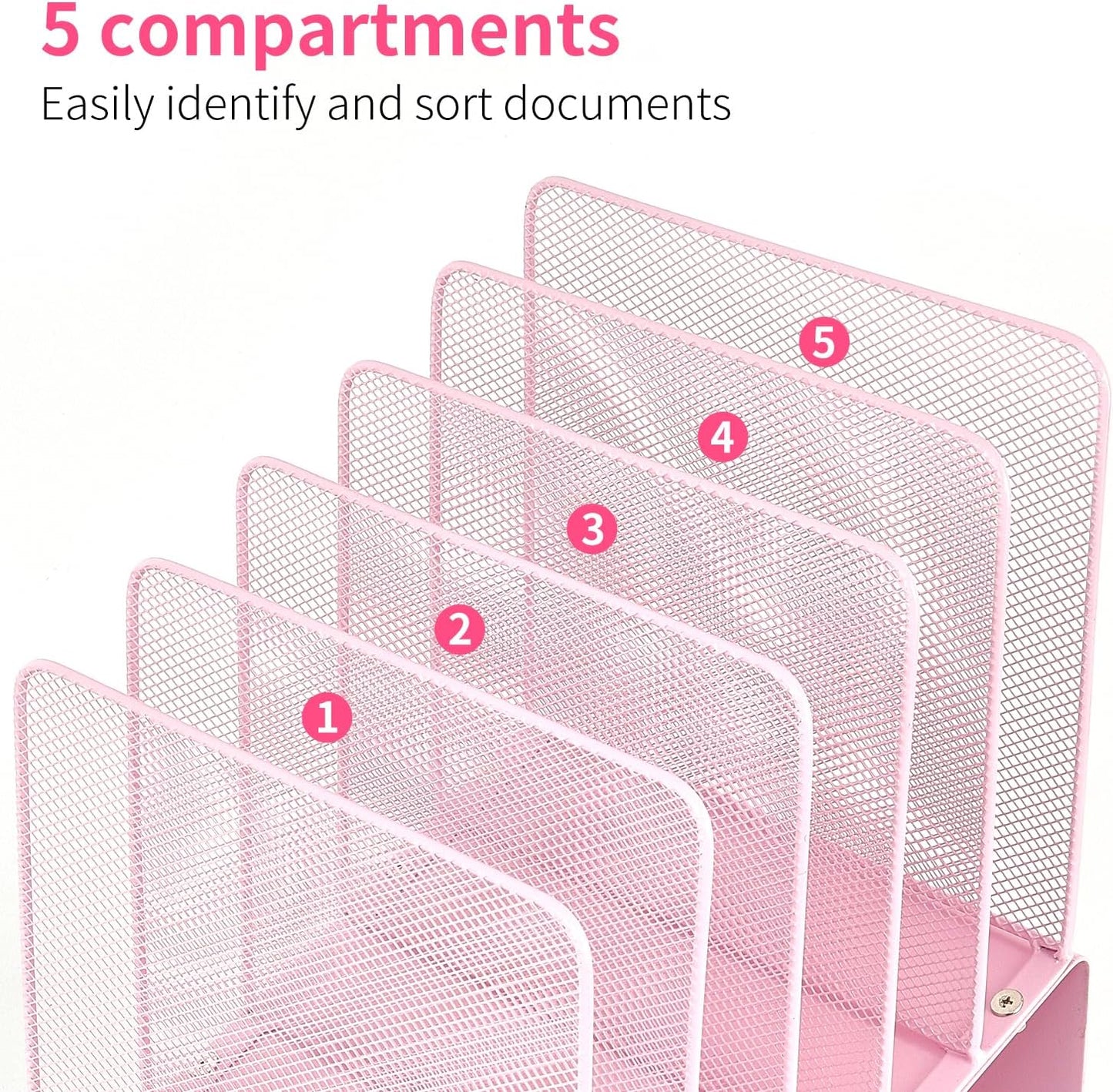 File Organizer for Desk, Desk Organizer with 5-Section Vertical File Rack, File Folder Organizer, Desk Accessories & Workspace Organizers (Pink)