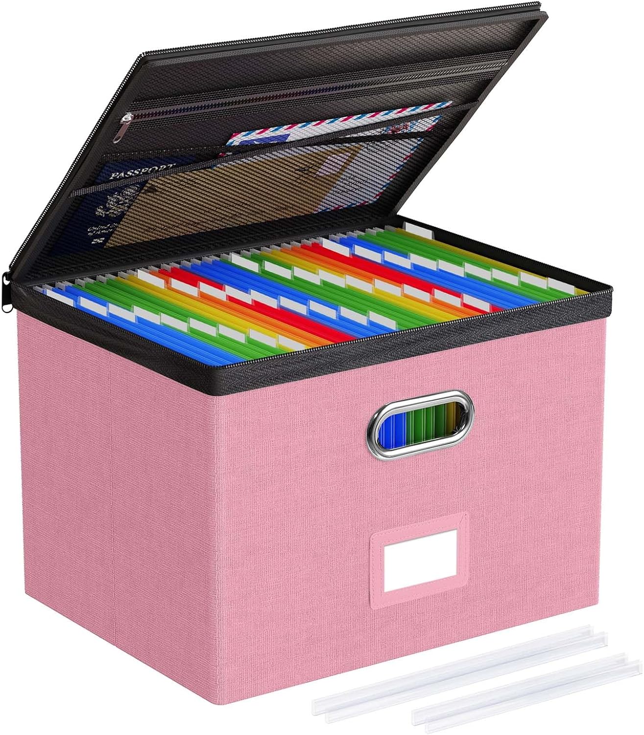 Oterri 1 Pack Large File Organizer Boxes with Lids, File Box with Mesh Pockets, Document Organizer Box for Legal/Letter Size Folders, Zippers Important Document Organizer (Pink, Without Folders)