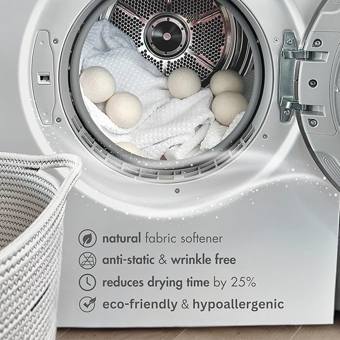 Premium Wool Dryer Balls, Set of 6 XL 100% New Zealand Wool, Natural Fabric Softener, Reusable, Anti Static, Reduces Drying Time, Wrinkles, Pet Hair, Lint