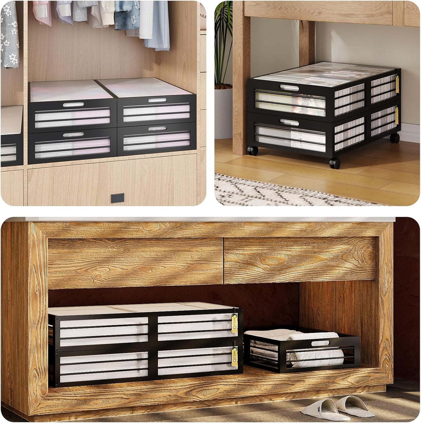 Under Bed Storage Containers with Wheels, Larger Bamboo Wood Under Furniture Storage Containers with Dust Bags，Rolling for Shoes Clothes
