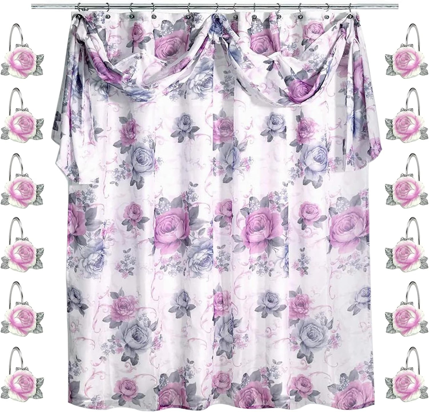 Zahari Home 13pc Michelle Bathroom Shower Curtain Sets Shower Curtain & 12 Shower Bathroom Hooks Modern Classic Luxury Contemporary Decor Floral Shower Curtain Stylish Bath Sets