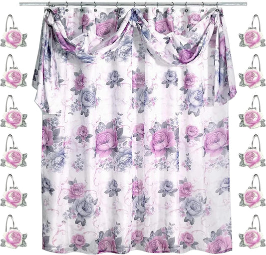 Zahari Home 13pc Michelle Bathroom Shower Curtain Sets Shower Curtain & 12 Shower Bathroom Hooks Modern Classic Luxury Contemporary Decor Floral Shower Curtain Stylish Bath Sets