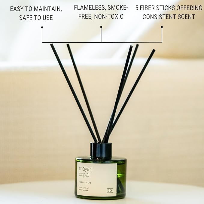 Craft & Kin Mayan Copal Christmas Reed Diffuser | All Natural Essential Oil & Rattan Scent Sticks | Winter Reed Diffusers for Home, Bathroom | Long Lasting Home Fragrance in Green Glass, 3.4oz