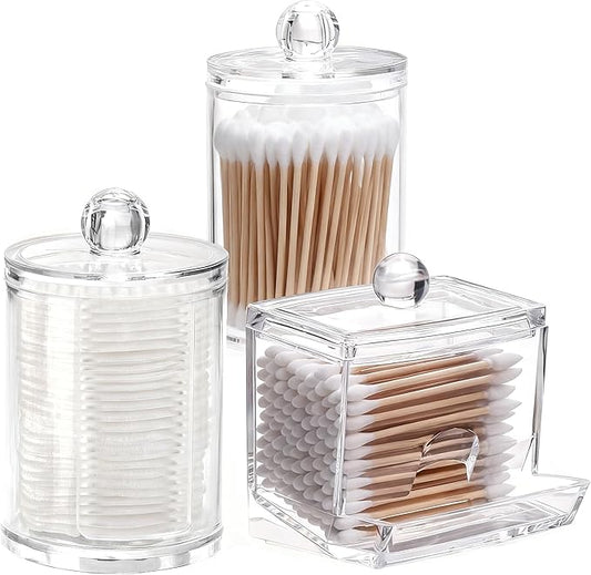 AXX Qtip Dispenser Apothecary Jars Bathroom - Qtip Holder Storage Canister Clear Plastic Jar for Cotton Swab,Q-Tips,Cotton Rounds (D#Clear 3Pcs)