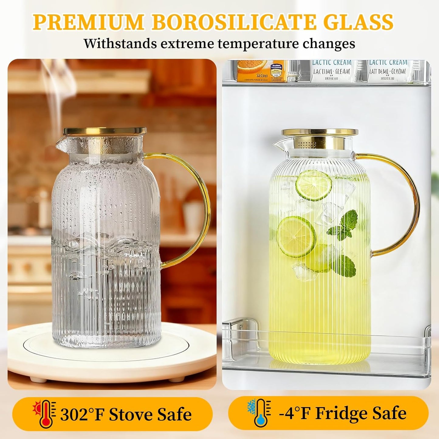 2 Pack Glass Pitcher with Lid, 68 oz/2 Liter Vertical Stripe Round Pitcher with Handle, Heat Resistant, Suitable for Refrigerator Storage, Iced Tea, Coffee, Lemonade, Juice, and Beverage Container