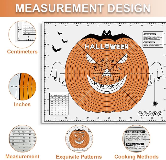 Halloween Silicone Baking Mat Set - 24"X18" Dough Mat With Measurements And 3 Dough Scrapers, Non-Stick Reusable Pastry Mat For Rolling, Kneading, Cookie Bread Pizza Making