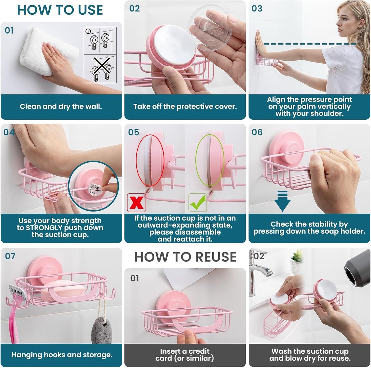 TAILI Soap Bar Holder Dish with Hooks, Shower Soap Tray Saver Suction Cup with Razor Holder for Wall, Rustproof Stainless Steel Bath Shampoo Caddy for Bathroom Accessories Organizer,Pink