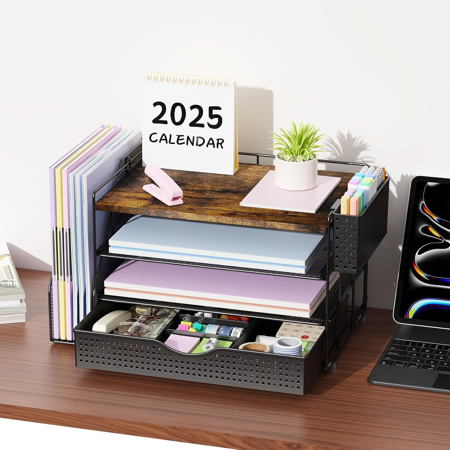 gianotter Wood Desk Organizers and Accessories with File Holder, 4-Tier Desk Accessories & Workspace Organizers with Drawer and Pen Holder, Paper Organizer for Office Supplies (Wood)