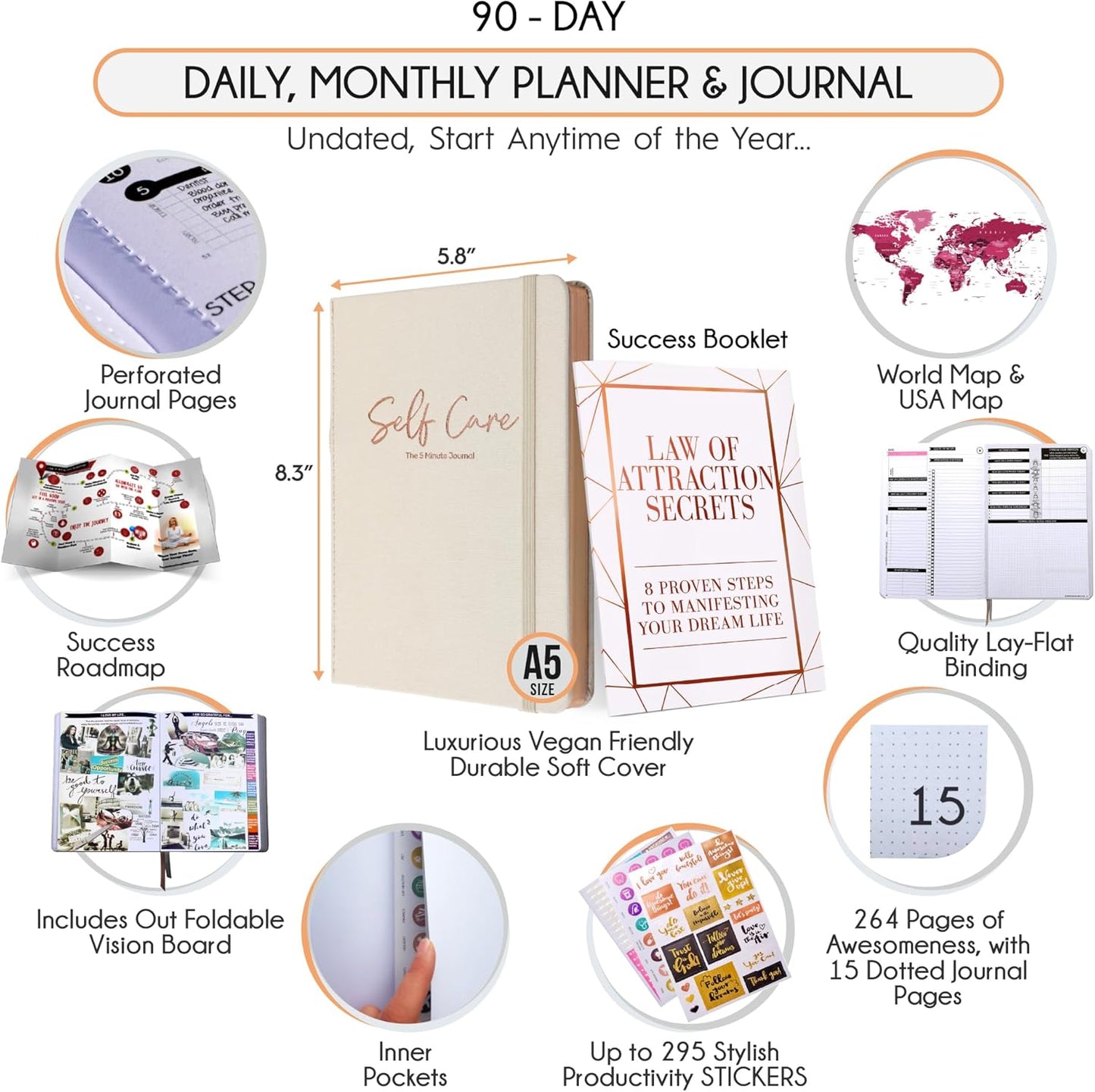 Self Care Journal - 5 Minute Mental Health & Manifestation Journal | 90-Day Undated Daily Planner for Positivity, Affirmations & Gratitude | Guided Mindfulness, Reflection | Vision Board + Stickers