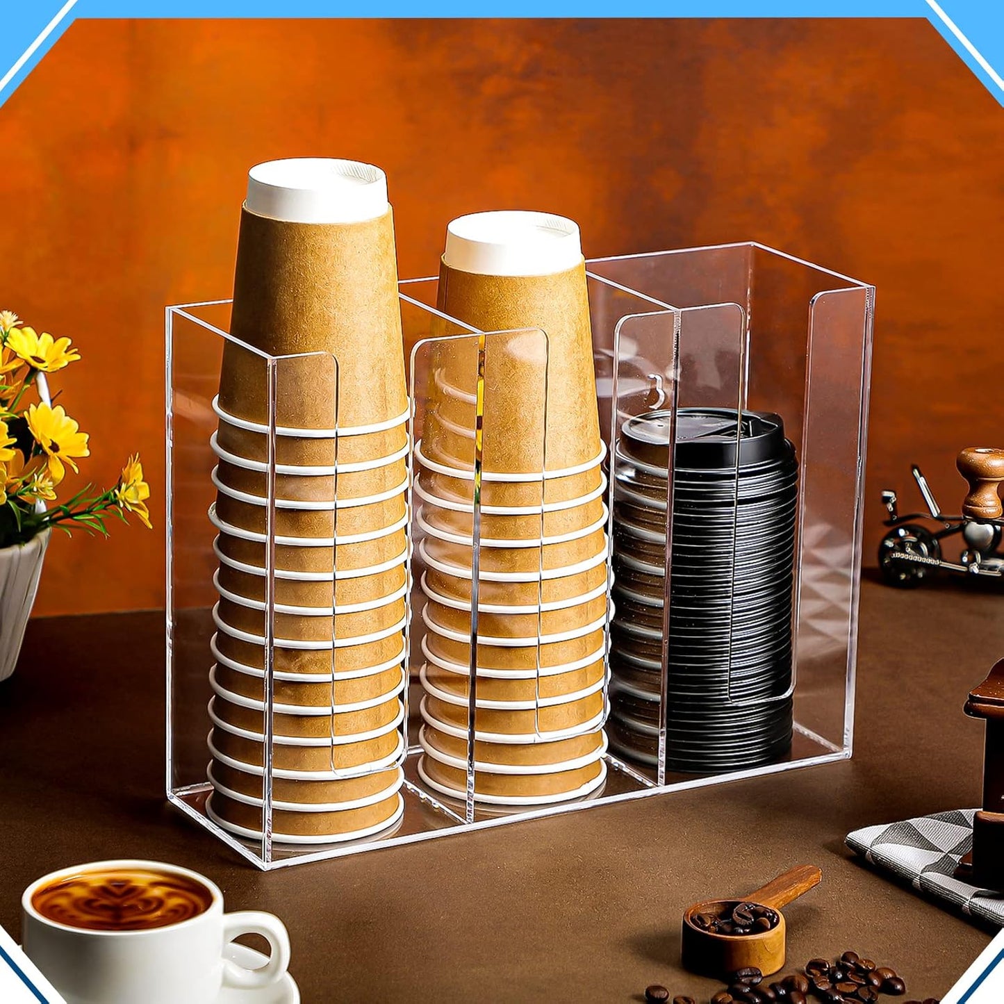 Cunhill 3 Compartments Acrylic Coffee Cup Dispenser Organizer Paper Cup Lid Sleeve Holder Organizer Coffee Shop Supplies Holder Storage for Counter Wall(Clear)