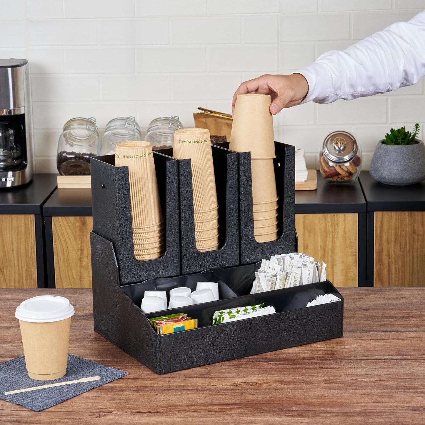 Restaurantware Restpresso Coffee Bar Organizer, 1 Count Durable 6 Compartments, Compact Size, Black Plastic Tabletop Coffee Supplies Organizer For Homes, Office Spaces, Breakrooms, and Lounges