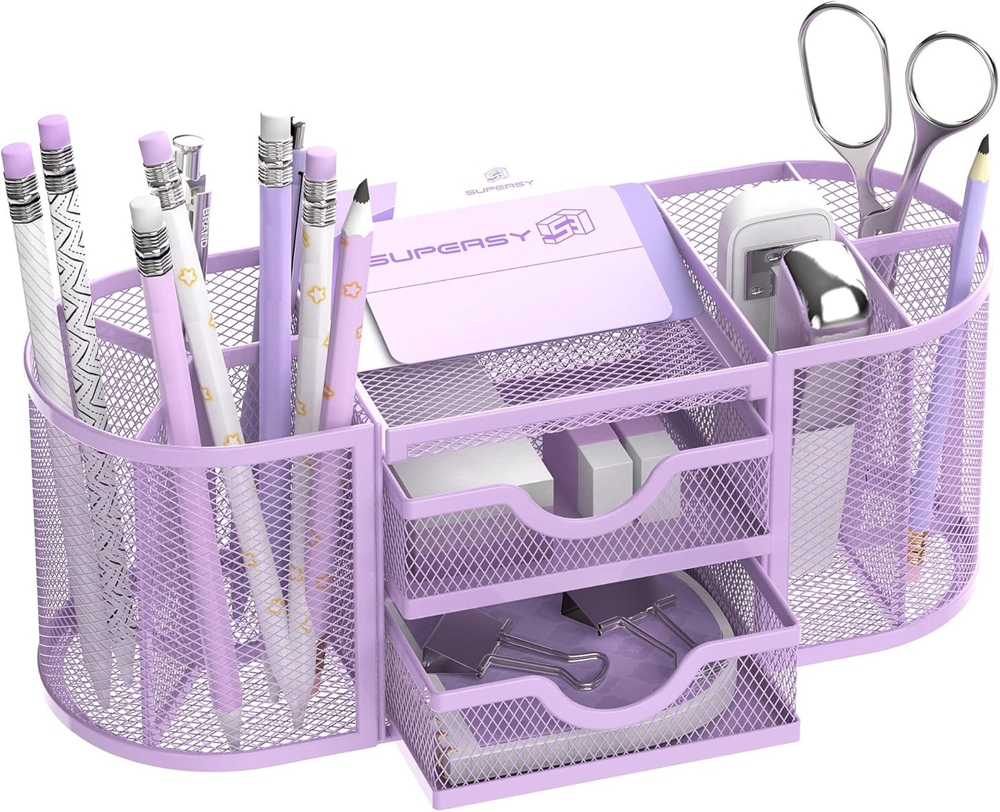 SUPEASY Mesh Desk Organizer, Desk Organizers and Accessories with Drawers, Pen Holder for Desk with 2 Drawers with 9 Compartments for Office Supplies, Purple