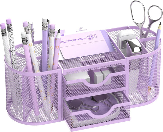 SUPEASY Mesh Desk Organizer, Desk Organizers and Accessories with Drawers, Pen Holder for Desk with 2 Drawers with 9 Compartments for Office Supplies, Purple