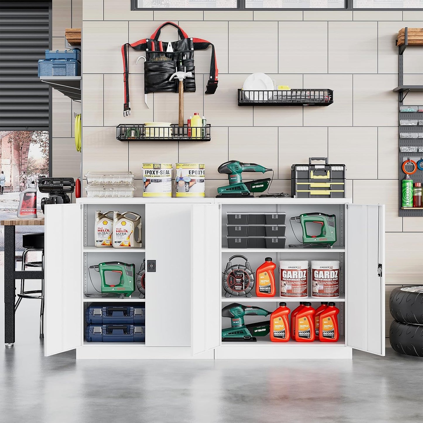 Metal Storage Cabinet, Lockable 2-Door 3-Shelf Cabinet, White, 31.5"W x 15.8"D x 35.5"H, Office, Garage, Home