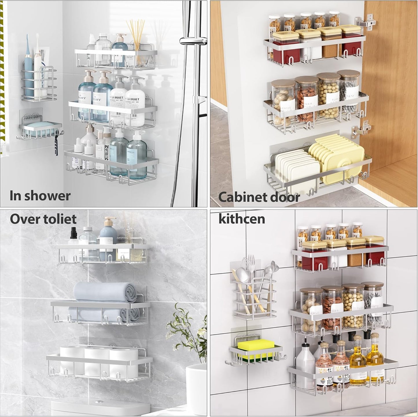 10 Pack Shower Caddy Organizer Rack Shelf for Inside Shower, Self Adhesive Wall Storage Basket Rustproof Stainless Steel Shampoo Holder Bathroom Accessory Decor Set, Silver