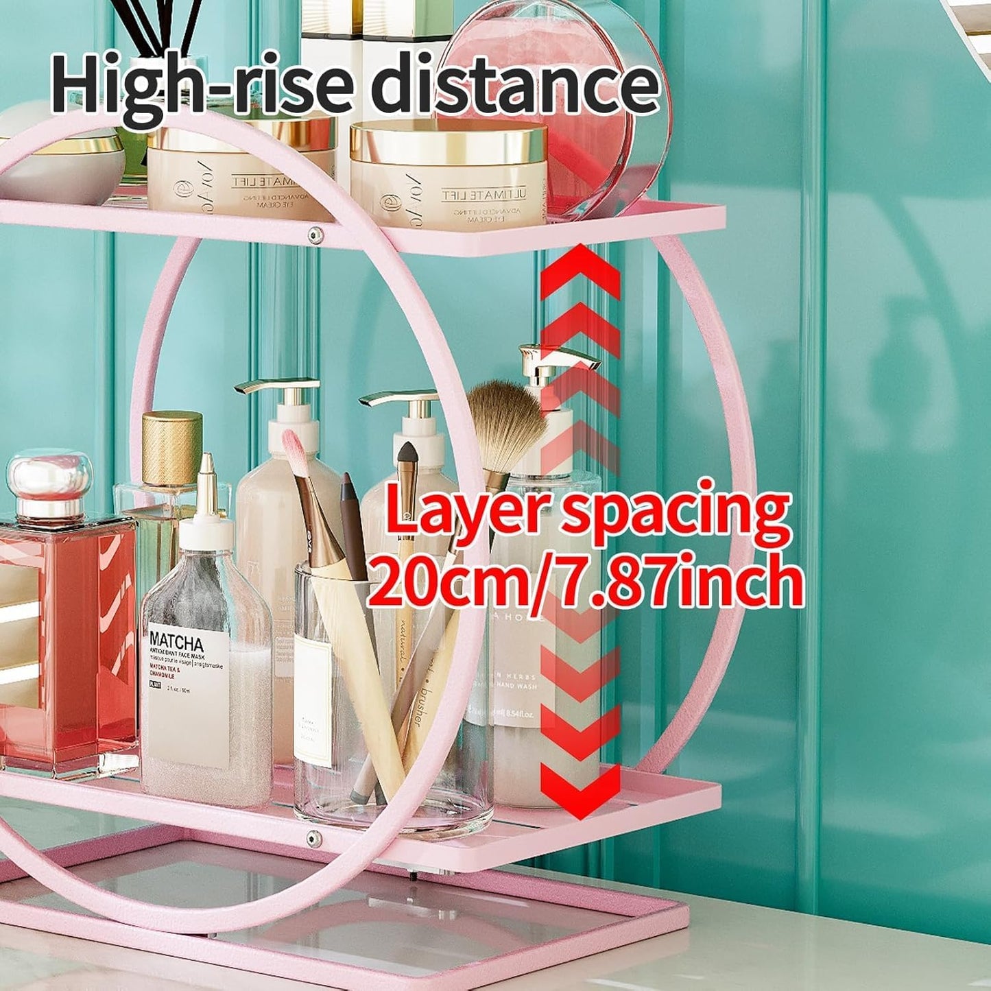 Pink Perfume Organizer for Dresser, Elegant Round Makeup Organizer Countertop, 2-Tier Bathroom Counter Organizers, Large-Capacity Metal Skincare Display Stand for Vanity Storage Bathroom Shelf