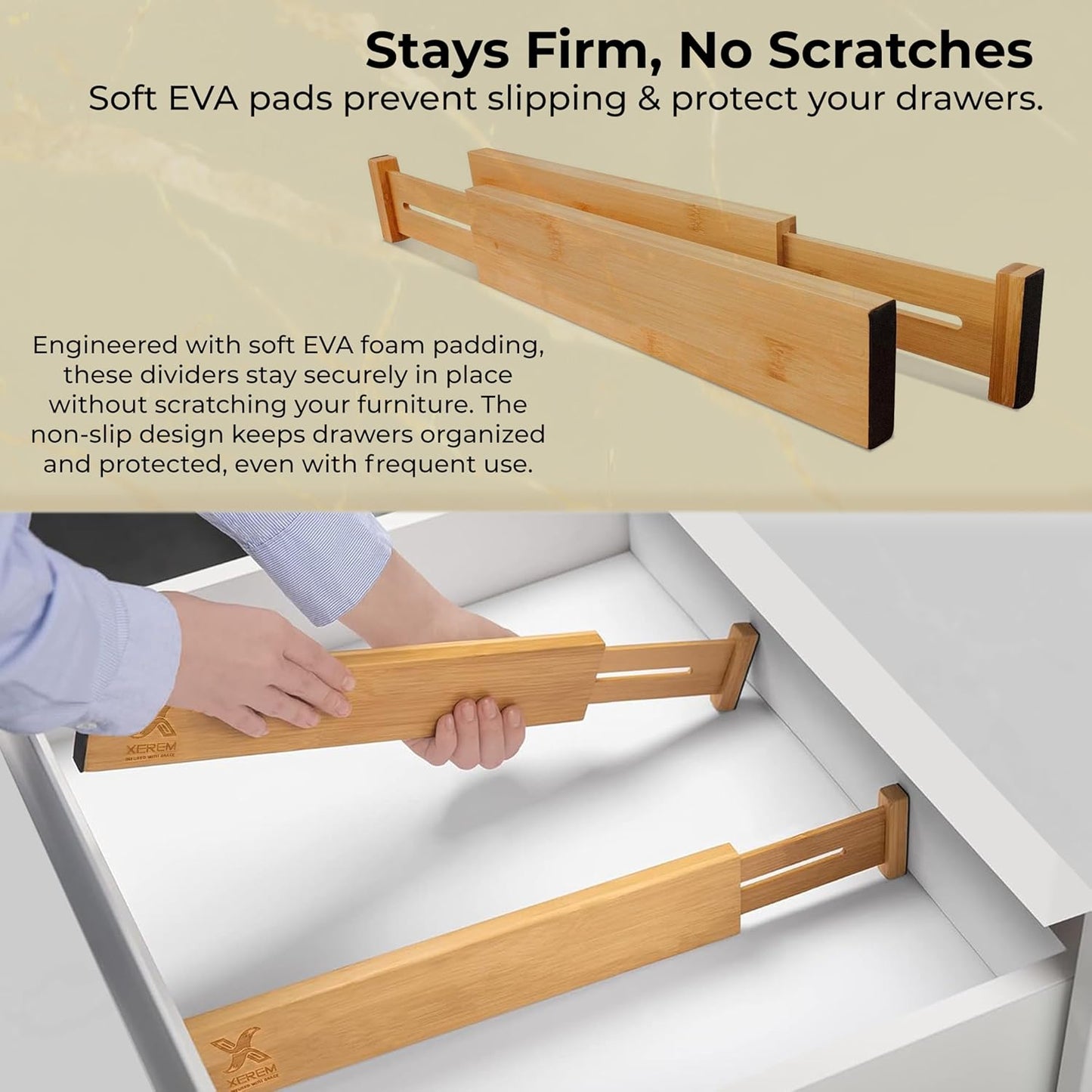 Adjustable Bamboo Drawer Dividers 6-Pack, 17-22 Inch Deep Expandable Drawer Organizer Set, Sustainable Spring-Loaded Bamboo Inserts for Kitchen, Bedroom, and Office Organization