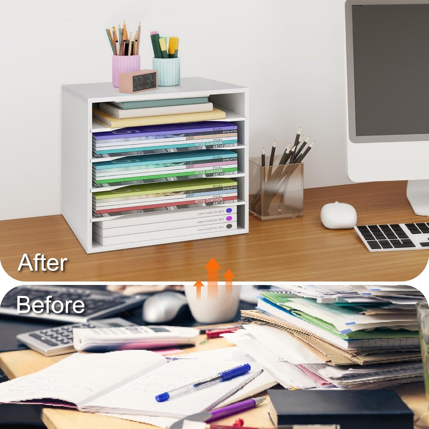 EMERIT Paper Organzier Wood Desktop Organizer Storage Letter Tray File Sorter with Adjustable Shelves for Home Office