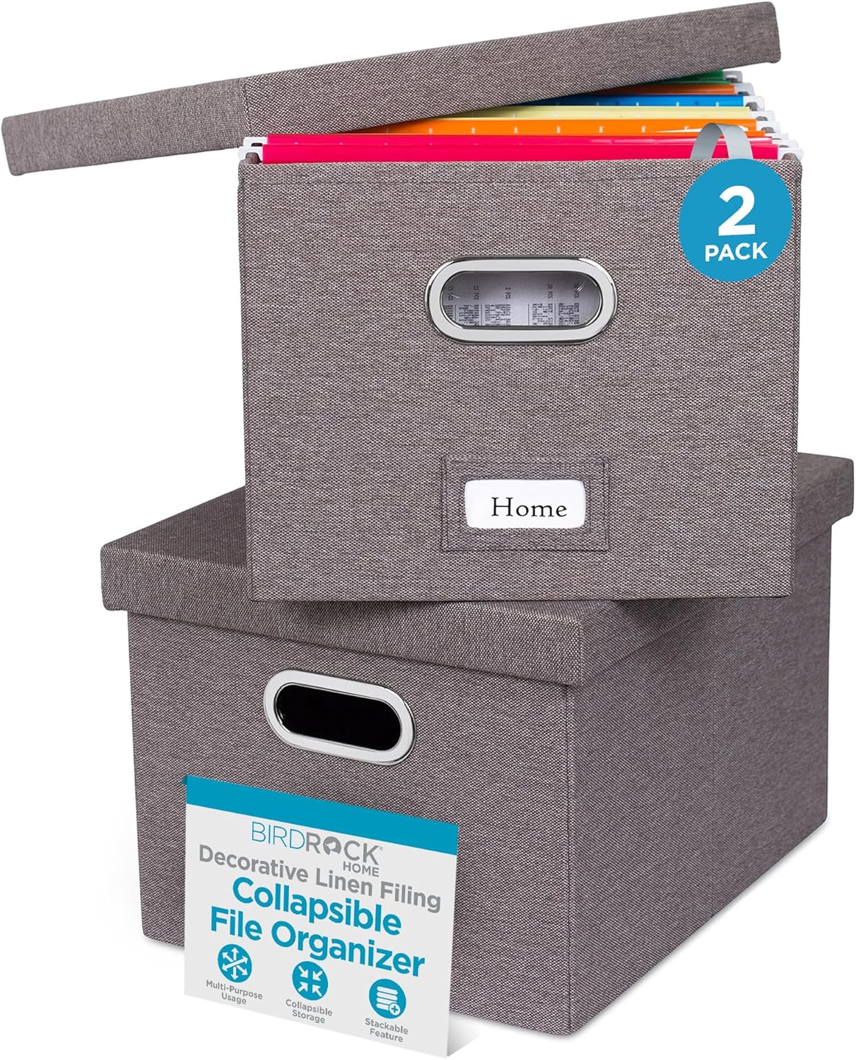 Internet's Best Collapsible File Storage Organizer with Lid - Decorative Linen Filing & Storage Office Box – Hanging Letter/Legal Folder – Home Office Bins Cabinet – Grey Container - 2 Pack
