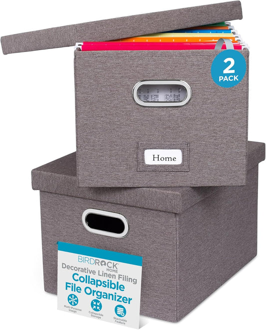 Internet's Best Collapsible File Storage Organizer with Lid - Decorative Linen Filing & Storage Office Box – Hanging Letter/Legal Folder – Home Office Bins Cabinet – Grey Container - 2 Pack