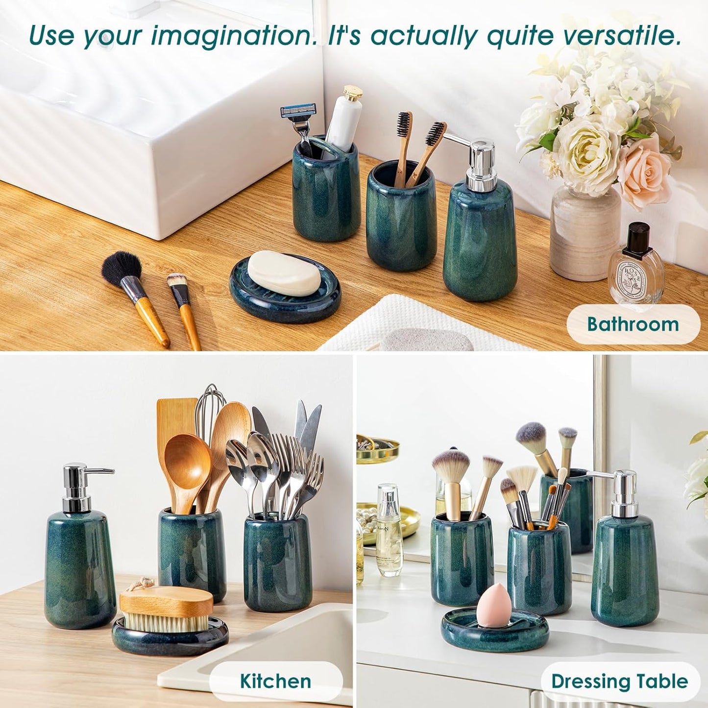 vancasso Green Bathroom Accessories Set, Ceramic Soap Dispenser and Toothbrush Holder Sets, Stoneware 4 Pcs Bathroom Sink Set for Modern Home Decor, Series Starry