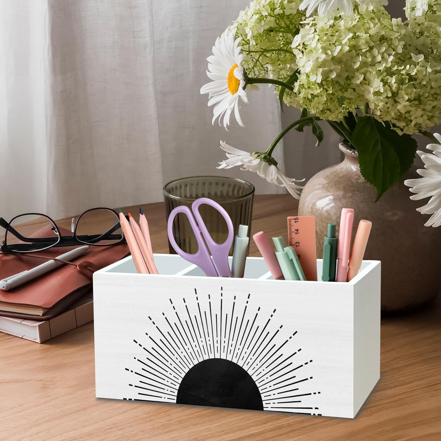 DILSJ Boho Abstract Sunshine Pen Pencil Holder Organizer for Desk, Boho Office Decor, Black and White Mid Century Modern Minimalist Sunshine Wooden Box Signs for Home Office Desk Tabletop Decoration