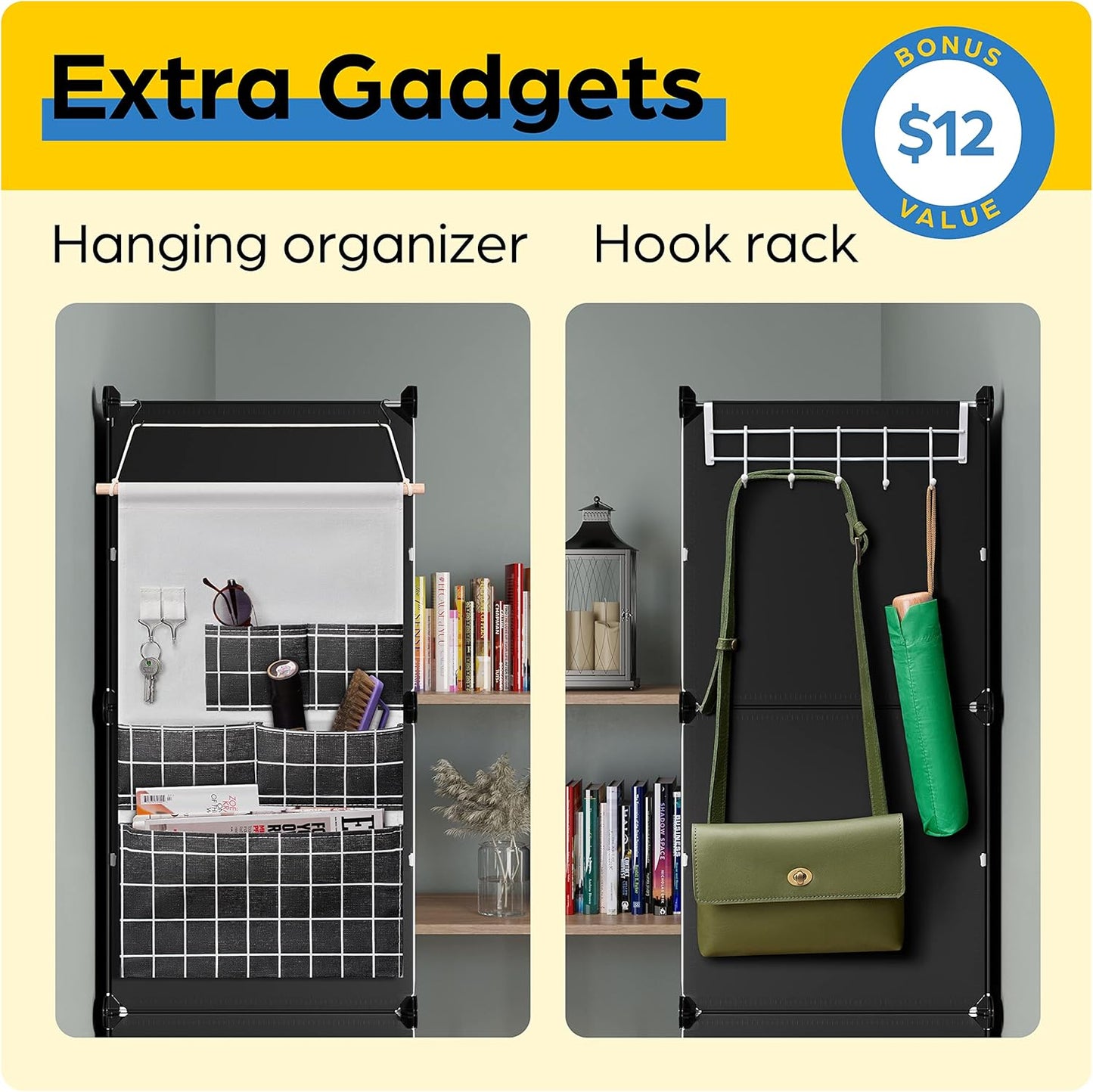 Shoe Organizer Cabinet Up to 48 Pairs, Shoe Closet-Covered Shoe Rack with See-Through Door (Clear, Plastic, Stackable) Cubby Portable Shoe Organizer with Covers, Hooks & Pockets, Black