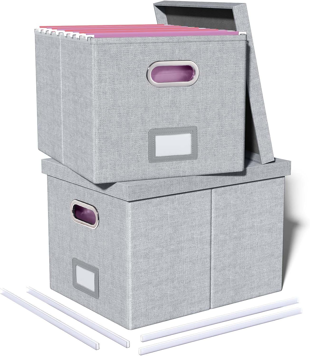 Oterri 2 Pack File Storage Organizer, Filing Box, Portable File Box with Lid, Fit for Letter/Legal File Folder Storage, Document Organizer, Gray-White