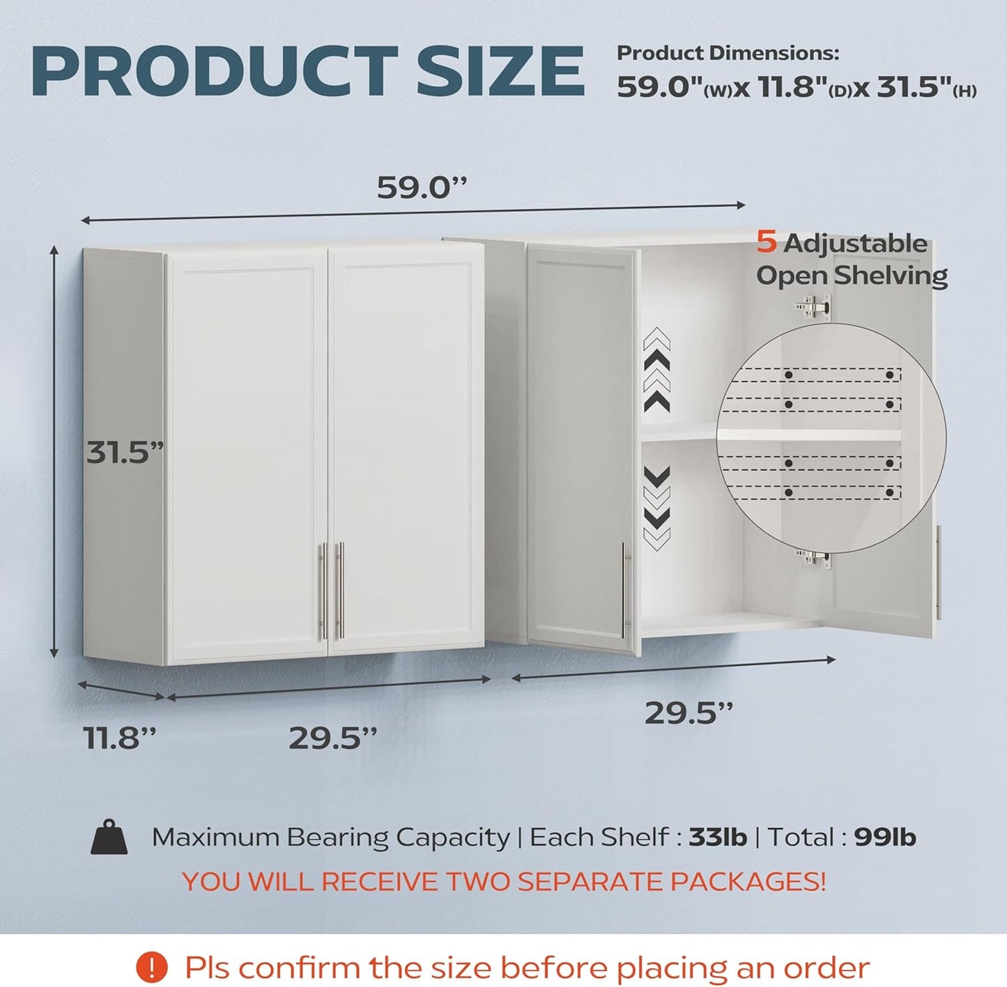 Large Laundry Room Wall Cabinet with Adjustable Shelf,Wall Mounted Kitchen Cabinets with Two Shaker Doors,Upper Storage for Laundry Room, Bathroom, Kitchen,30" W X 2
