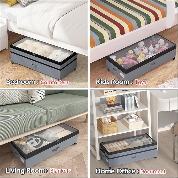 Underbed Storage Containers with Wheels and Lid Expandable Shoe Rolling Storage Bin Adjustable 9.8-10.6 Inch Height Under Bed Drawers for Dorm, Clothes, Blankets, Housewarming Gift 2 Pack Grey