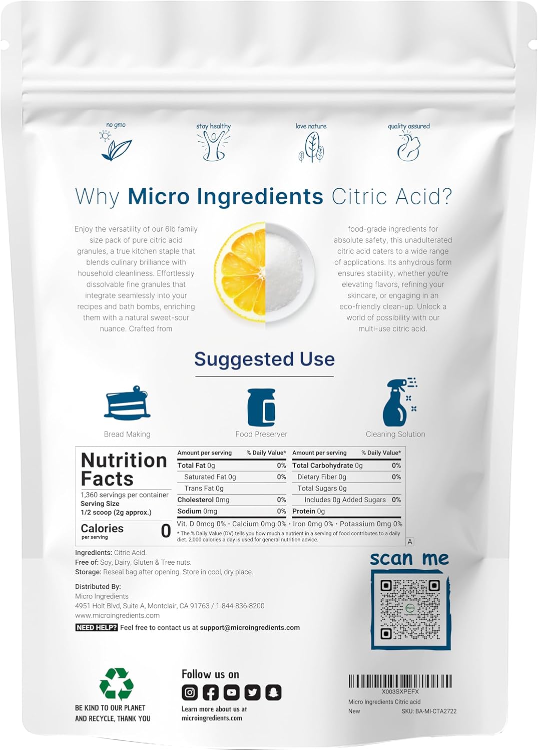 Citric Acid 6 Pounds, Food Grade, Fine Granular Powder | 100% Pure, Concentrated Anhydrous Form | Natural Preservative + Great for Cooking, Cleaning, & DIY Bath Bombs | Non-GMO