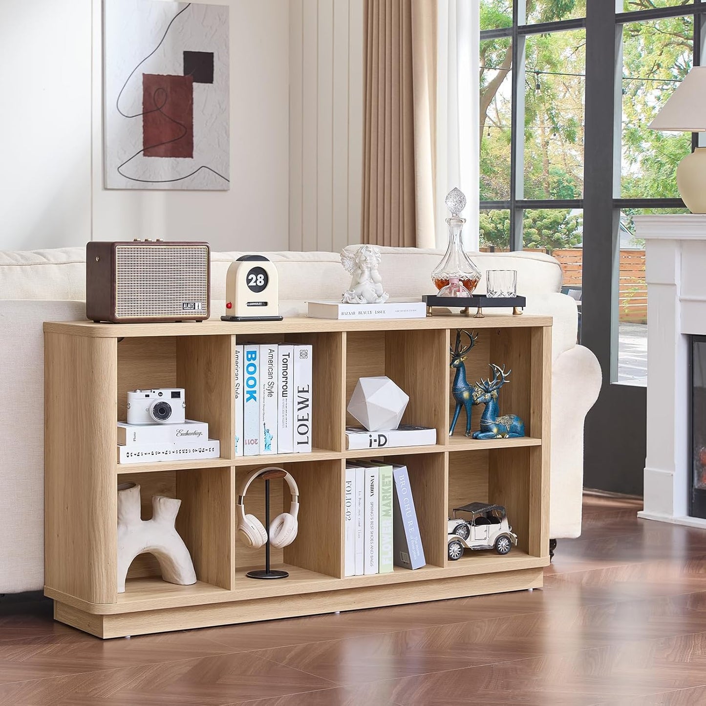 8 Cube Storage Book Shelf, 52" Long Horizontal Bookshelf with Curved Edge, Floor Standing Wooden Cubby Bookcase with Base, Modern Low Console Book Case, TV Stand for Living Room, Natural Oak