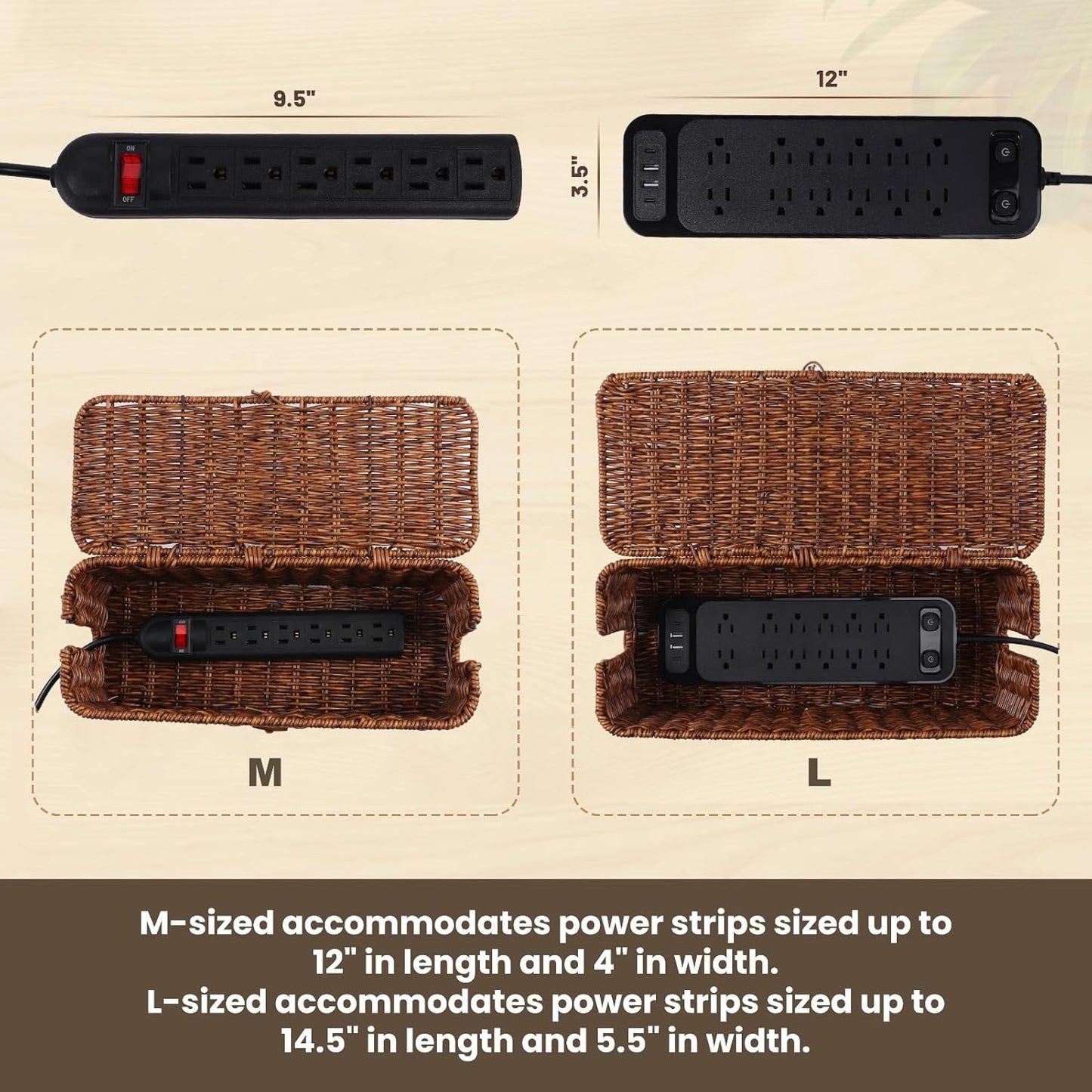 BROWNLILY Rattan Wire Storage Box, Handmade Cord Organizer for Desk Cord Hider Outlet Covers Baby Proofing for Power Strip TV PC Router Charger Under Desk Cable Management Box