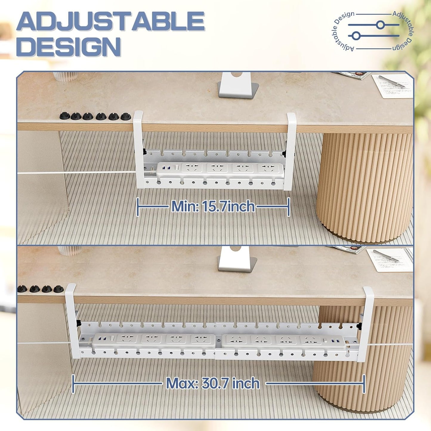 Shikha Under Desk Cable Tray, 15.7"-30.7" Retractable Under Desk Cable Management, No Drilling Cord Organizer with Clamp, Wire Management for Home Office -White
