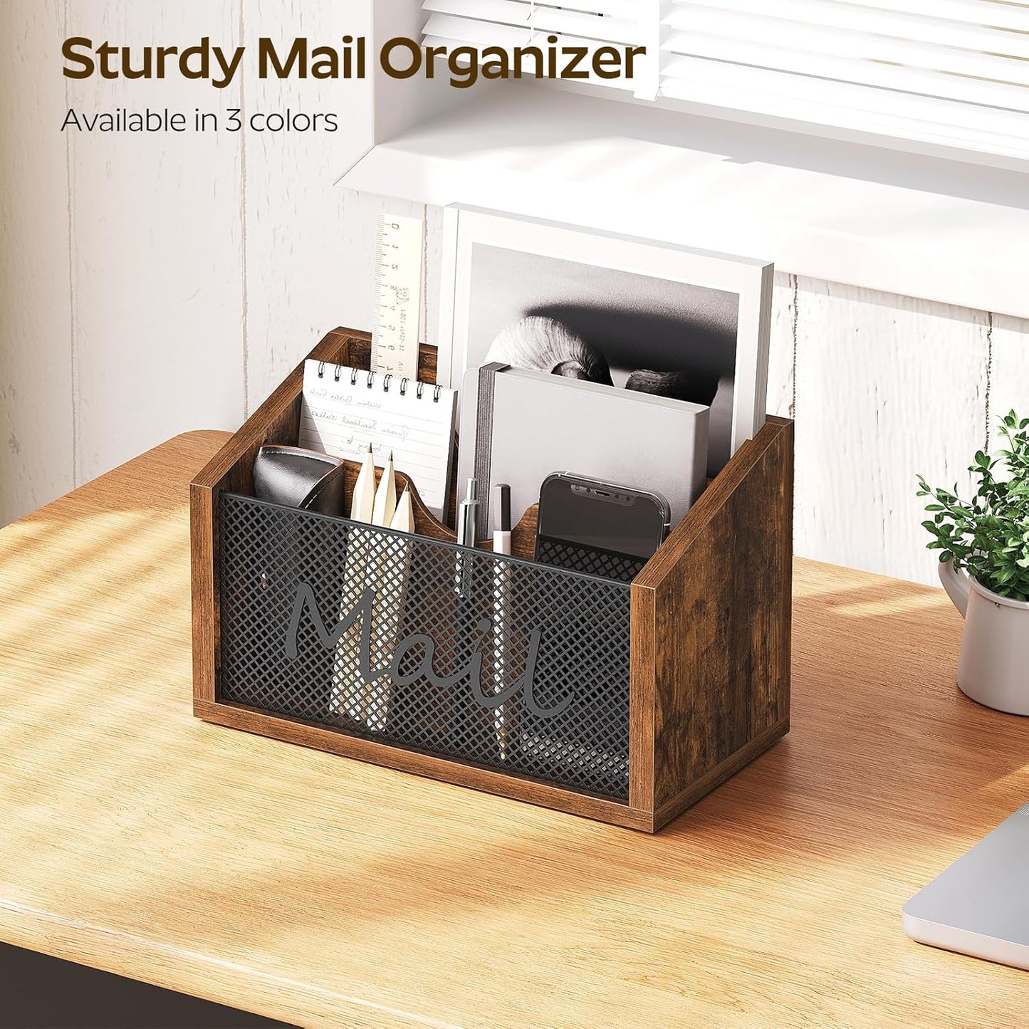 Mail Organizer Countertop, Mail Holder with 3 Slots, Mail Sorter for Desk, Wooden Office Desk Organizer, Mail Organizer for Magazines, Files, Papers, Folders, Rustic Brown and Black MR03BR