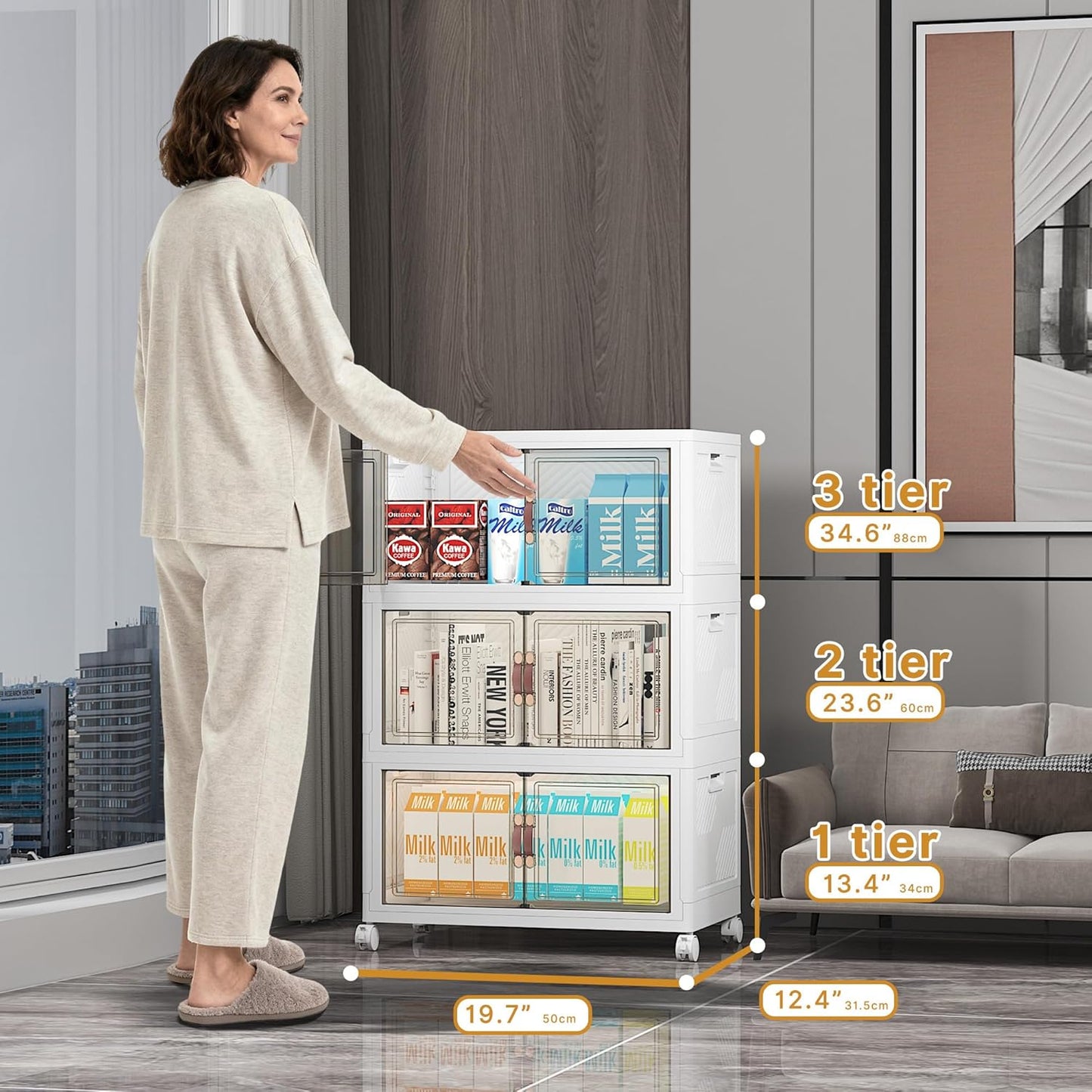 Extra Large Stackable Storage Bins with Lids & Wheels & Door, 312QT-52QT/13GAL*6Pack Foldable Collapsible Closet Organizers, Plastic containers drawers for bedroom Dorm