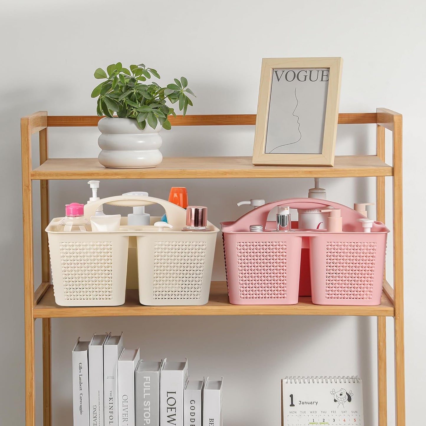 UUJOLY Plastic Portable Shower Caddy Basket Bucket, Cleaning Shower Basket with Handle Compartments Storage Basket Organizer for Bathroom Kitchen College Dorm Sink, Beige