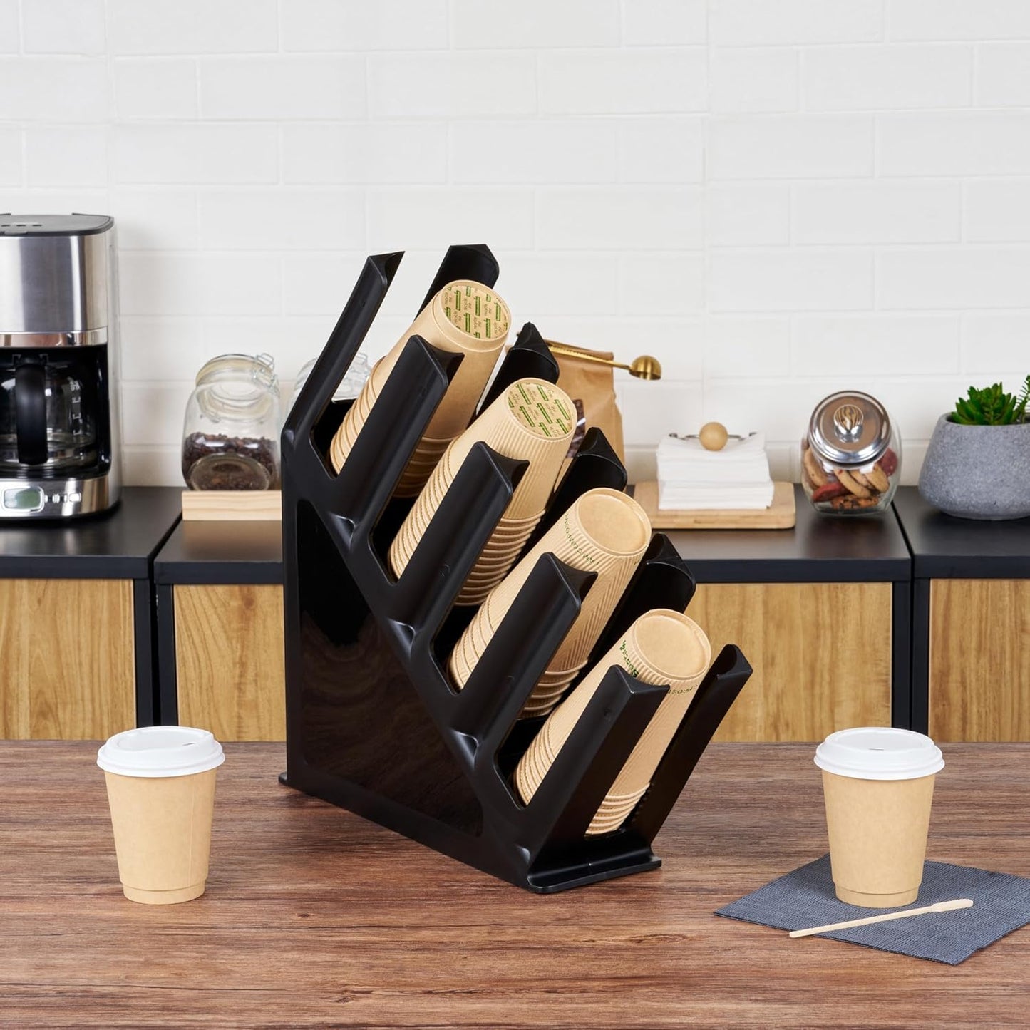 Restaurantware Restpresso Coffee Bar Organizer, 1 Count Durable 4 Compartments, Compact Size, Black Plastic Tabletop Coffee Supplies Organizer For Homes, Office Spaces, Breakrooms, and Lounges