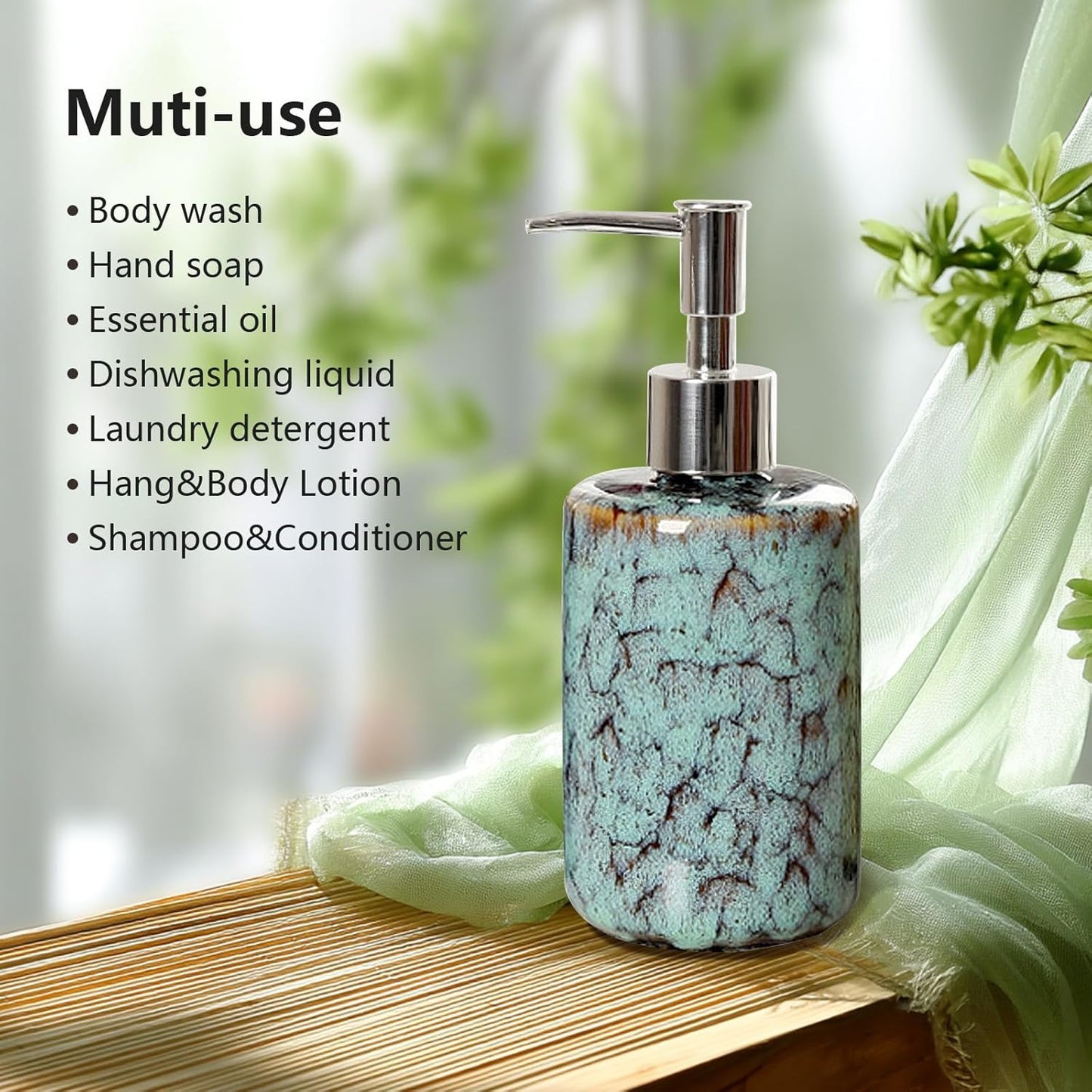 jessie Hand Soap Dispenser,Green Ceramic Liquid Hand Soap Dispenser with Pump,Modern Vintage Refillable Hand Lotion Pump Bottle for Bathroom Kitchen Set 11.8 oz (Green)