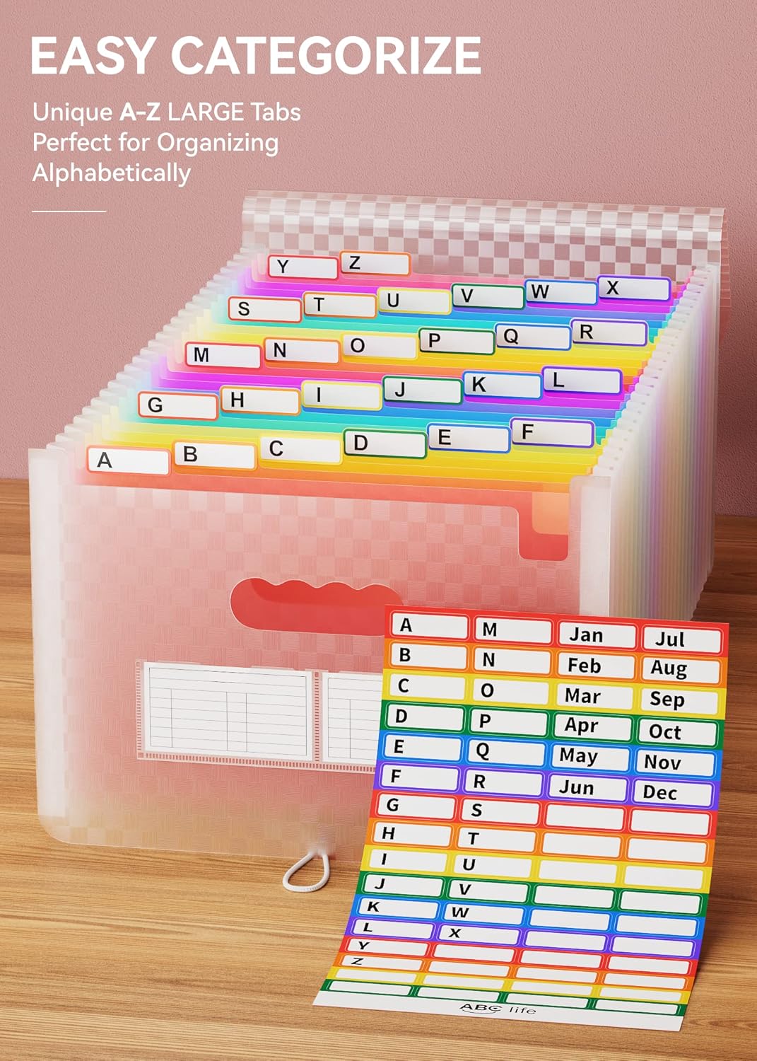 ABC life 26 Pockets Accordion File Organizer, Expanding File Folder, Portable Monthly Paper Bill Tax Receipt Organizer, Letter A4 Size Document Organizer with Labels - Pink