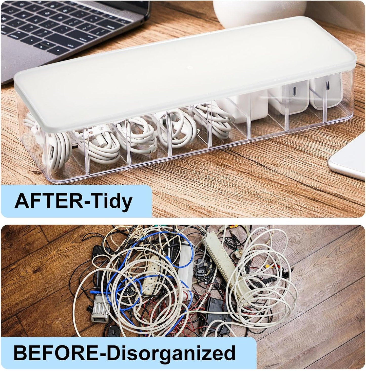 Tatuo 2 Pcs Cable Organizer Box with Wire Ties, Plastic Cord Storage Box with Lid, Electronics Organizer for Home Office Desk Organizers and Accessories (Clear,White)