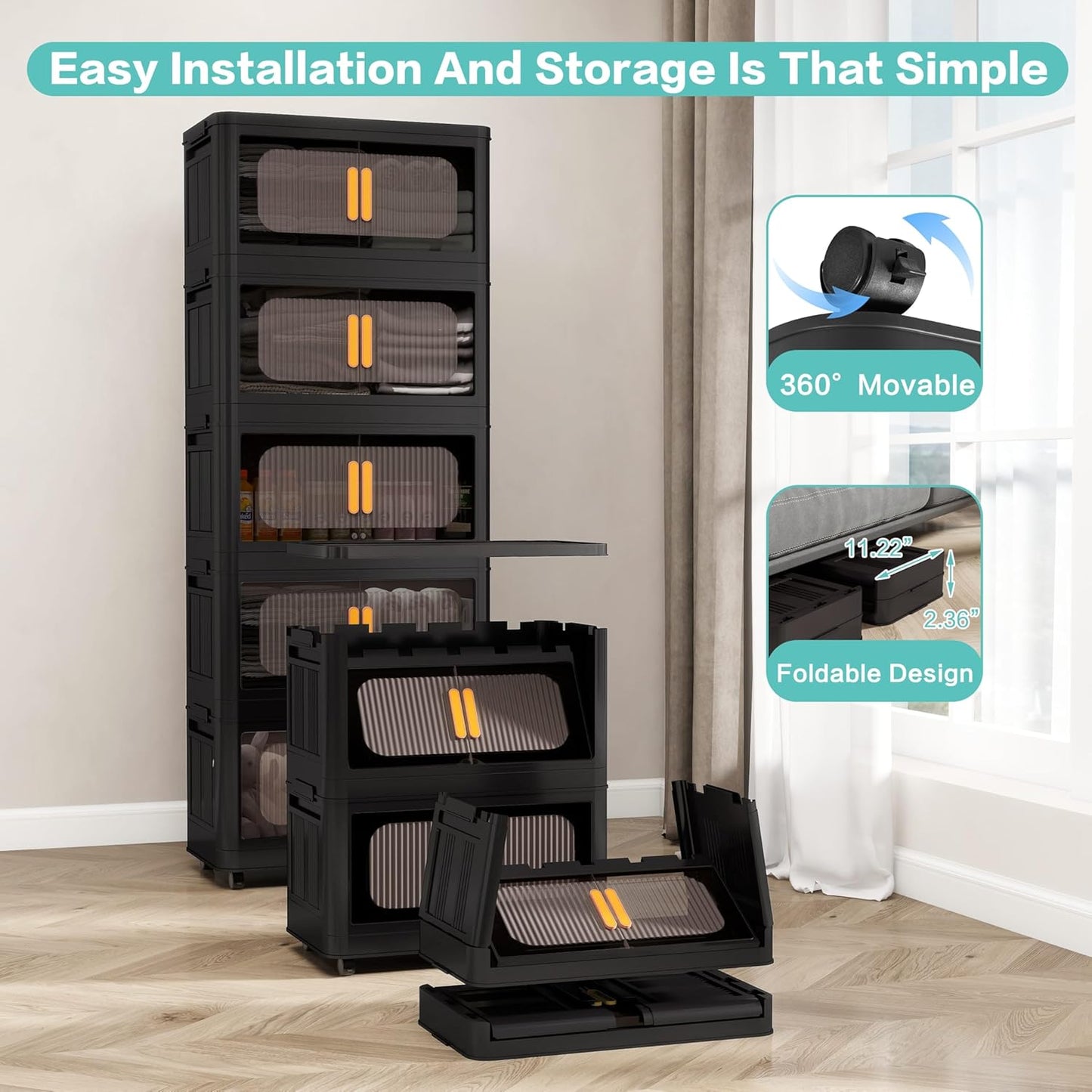 Holaki 195 QT Collapsible Closet Organizers with Lid, 5 Tiers Stackable Plastic Storage Bins Cabinet with Wheels and Magnetic Door (Black)